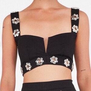 For Love and Lemons Shorts (S) & Crop Top (M) Set - Black & Silver Metal Flowers